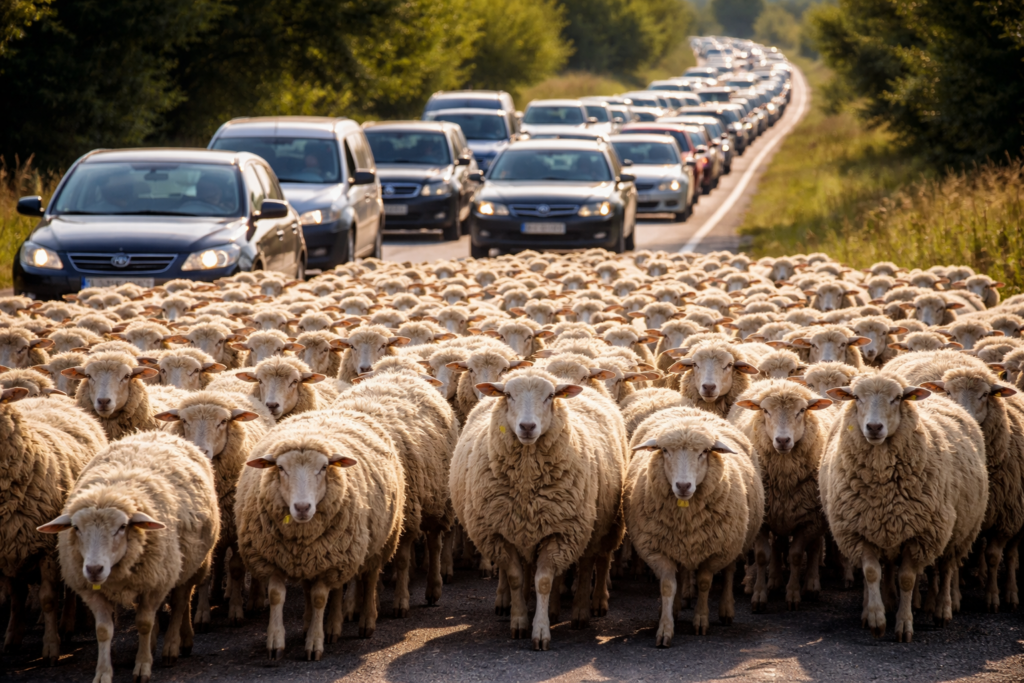 Een kudde schapen gevolgd door een file auto's. (ChatGPT afbeelding)