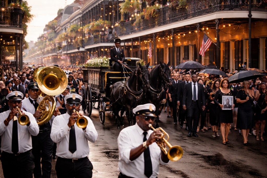 Door AI gegenereerde foto van een rouwstoet begeleiding in New Orleans