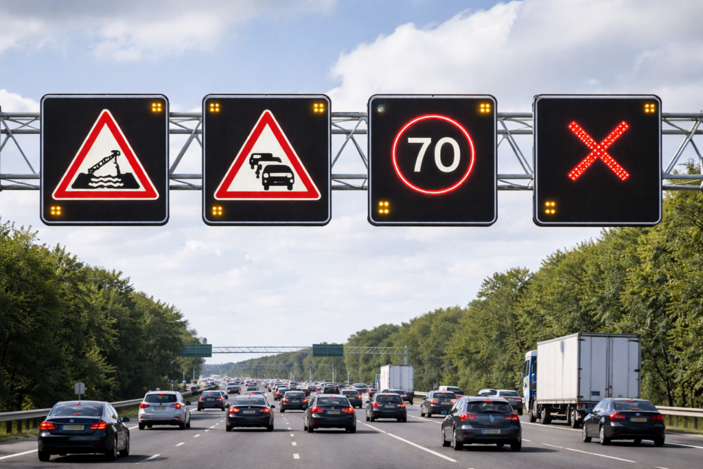 Matrixborden boven een weg. O.a. rode kruizen worden massaal genegeerd. (door AI gegenereerde foto)