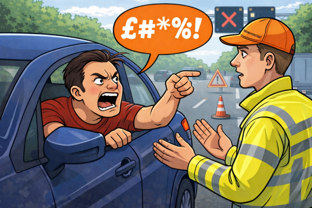 Cartoon van een automobilist die een weginspecteur uitscheldt. (door AI gegenereerd)