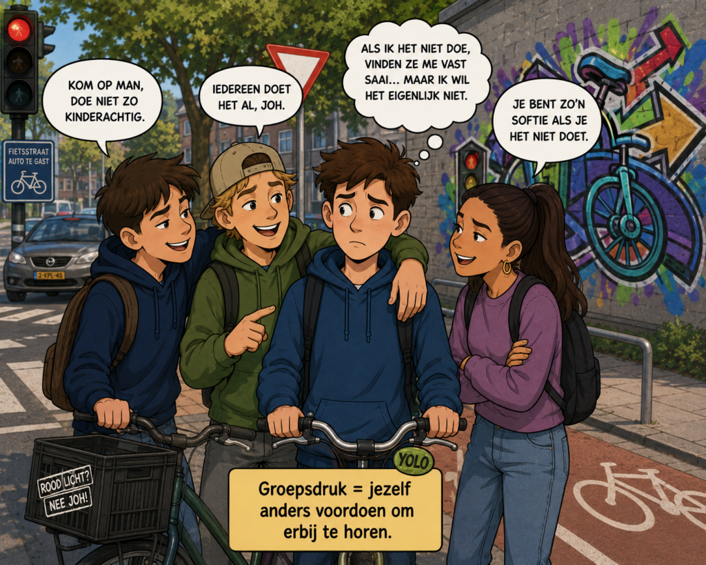 Een door AI gegenereerde cartoon van een groepje jongeren op straat die een jongen onderdruk zetten om iets tegen de regels te doen